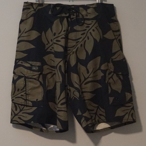 Hawaiian Performance Surf Black & Army Green Leaf Tropical Board Shorts Men’s 32 - Picture 1 of 4
